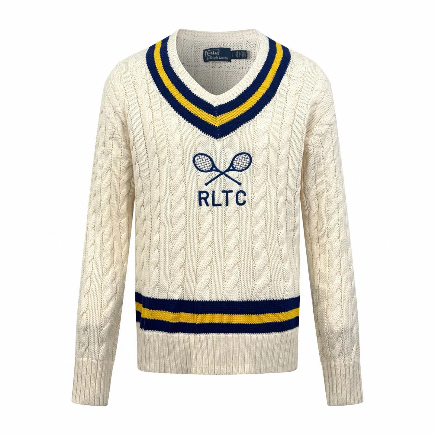 P450 [Exclusive supply] Ralph Lauren Tennis Cable Knitted Sweater, originally purchased and developed for RMB 6,595. The fabric is made of custom-woven thick-knitted wool. It has fine texture and is comfortable and close to the skin. It is mainly in soft cream color. It is pure and moist, with a sweet sense of laziness. The classic cable-knitted structure design injects soul. The V-neck is cleverly designed. Navy blue and bright yellow stripes are used to outline the edges, which highlights the nobility and extraordinary. The tennis racket pattern and the words RLTC are crossed on the chest. It is the brand's clever tribute to the spirit of sports. It has an atmosphere of freedom and vitality and is highly recognizable. It interprets high-end style with unique details. It paints a fascinating artistic picture, using imported machine embroidery technology. It uses advanced computer control systems and precision mechanical parts to realize the embroidery of tennis racket patterns and RLTC words with high precision. The lines are smooth and delicate, and the three-dimensional cable weaving is fine. Through the clever shifting and interweaving of coils, adjacent coils are cross-shifted to form a twisted effect. The lines are smooth and regular. Time-consuming and labor-intensive, the garment washing water is softened and deodorized using professional washing equipment and specific detergents to deeply clean and deodorize the clothes to improve the feel and appearance of the clothes. Size:S-M-L-XL